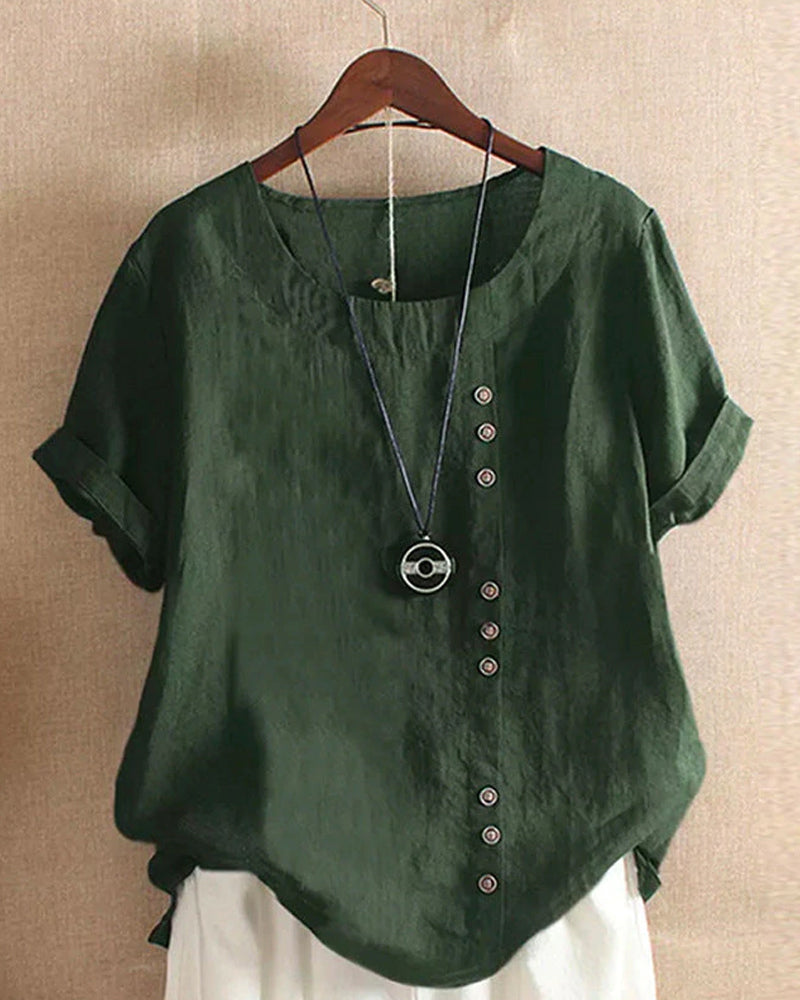 Dunkelgrüne Leinenbluse mit Knöpfen, Damenmode, lässig, Sommer, Kurzarm, Rundhals.