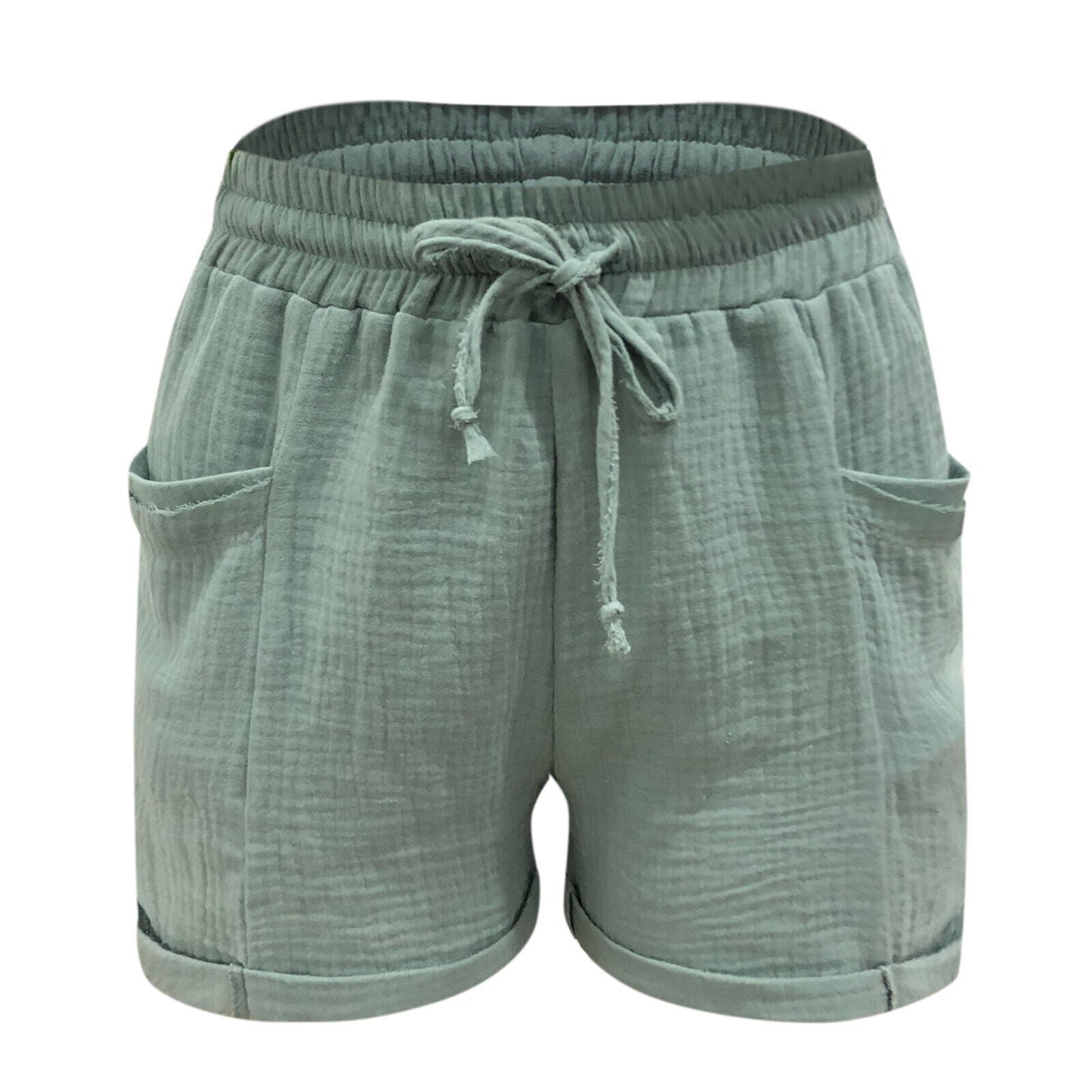 Grüne Damen-Shorts aus Baumwolle mit Kordelzug und Taschen, lässig und bequem.
