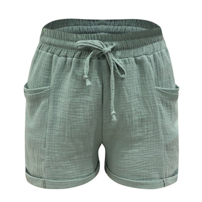 Grüne Damen-Shorts aus Baumwolle mit Kordelzug und Taschen, lässig und bequem.