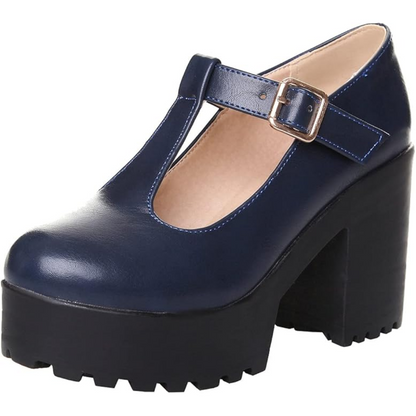 Damen Mary Jane Schuh, dunkelblau, Plateau, Leder, T-Riemen, modisch, bequem, elegant