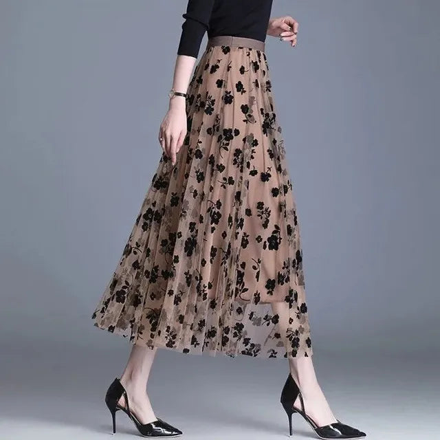 Damen-Mesh-Rock, beige mit schwarzen Blumen, elegant, knöchellang, für Freizeitmode.
