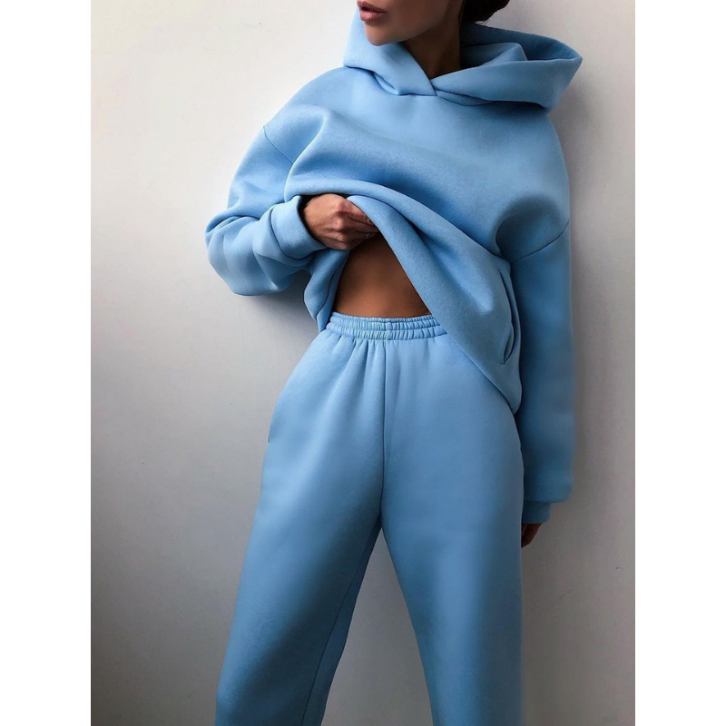 Damen-Trainingsanzug, oversized, blau, Hoodie und High-Waist-Hose, bequem, modisch.