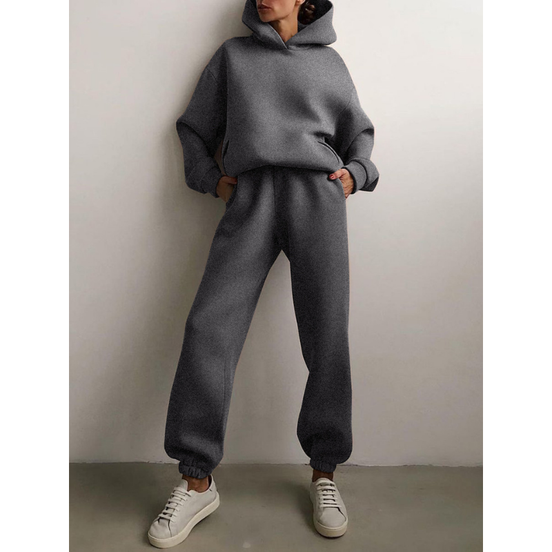 Damen Oversized Trainingsanzug, dunkelgrau, Hoodie und High-Waist-Hose, bequem, modisch.