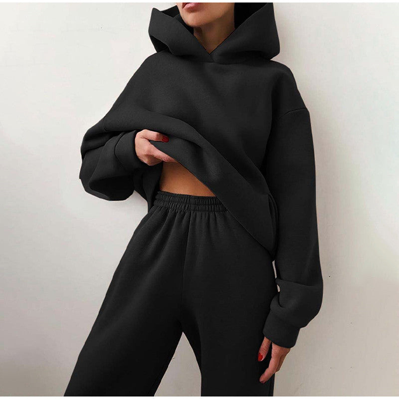 Damen Oversized Trainingsanzug, schwarz, High Waist Hose, Hoodie, bequem, modisch, Freizeitkleidung.