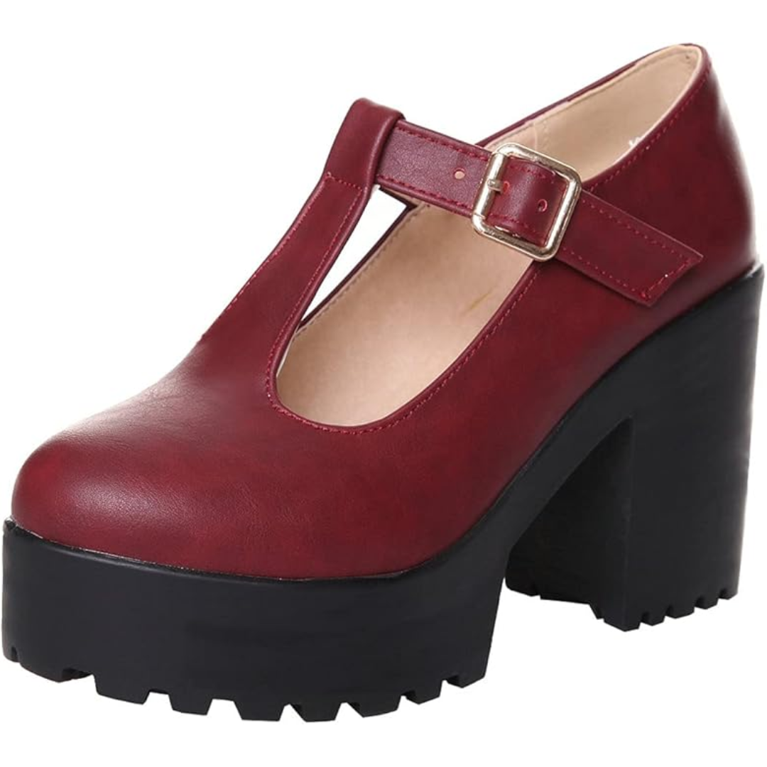Roter Damen-Plateauschuh mit T-Riemen, Lederoptik, hoher Absatz, modisch, bequem.