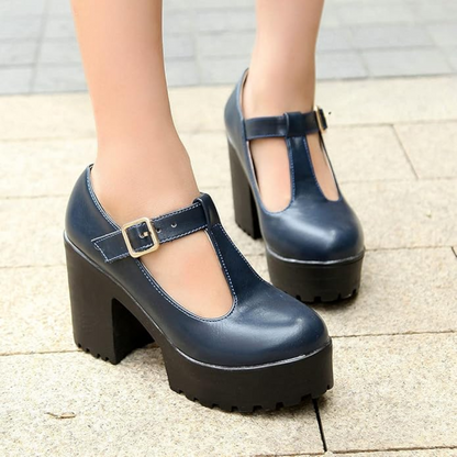 Damen Plateau Mary Jane Schuhe, blau, Leder, T-Riemen, Blockabsatz, modisch, elegant