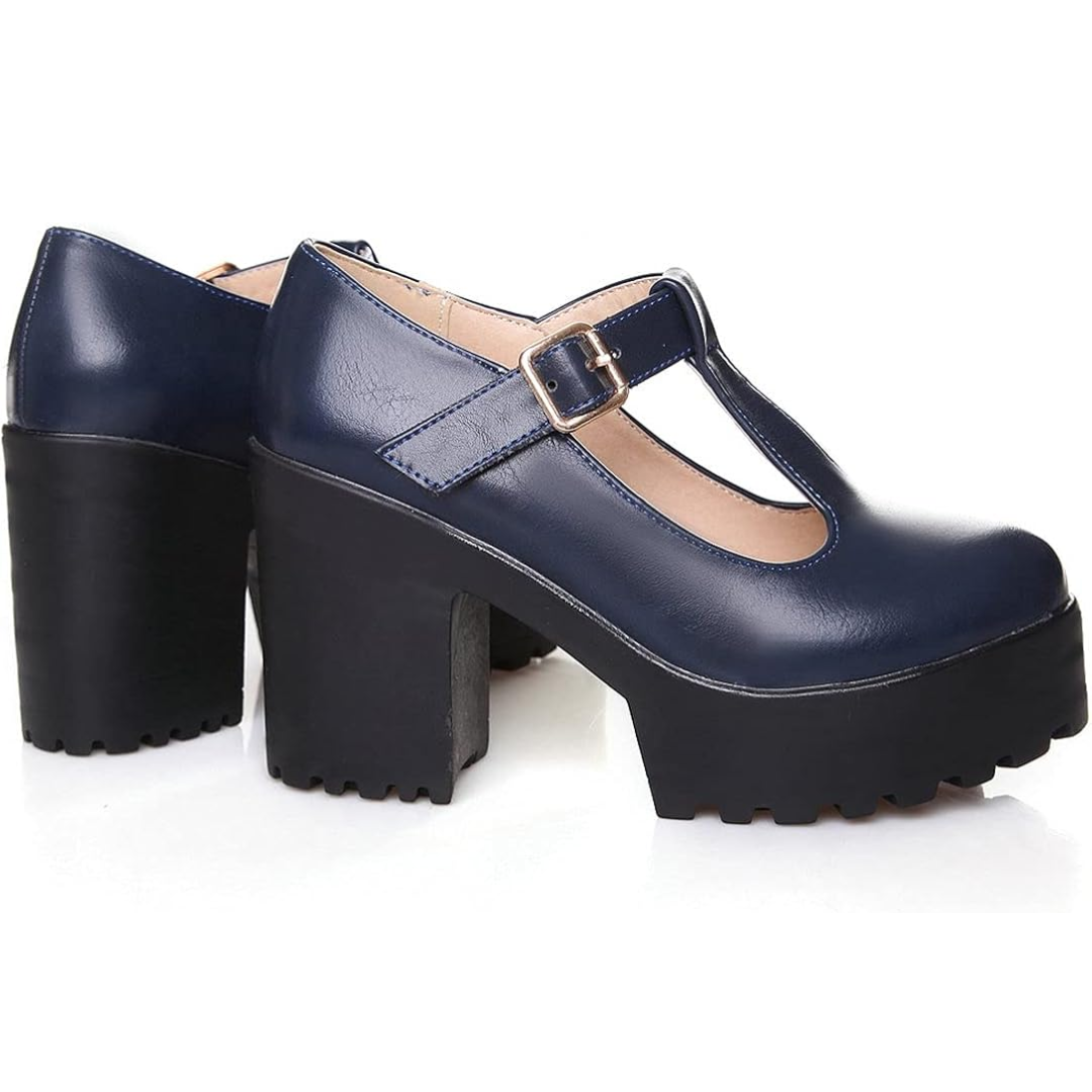 Dunkelblaue Plateau Mary Jane Schuhe, Leder, T-Riemen, Damenmode, trendige Absatzschuhe.