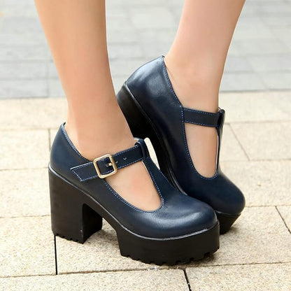 Damen Mary Jane Schuhe, dunkelblau, Plateau, Leder, Schnalle, modisch, bequem, elegant.