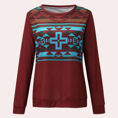 Damenpullover mit geometrischem Muster, rot-blau, Langarm, Baumwolle, modisch, bequem.