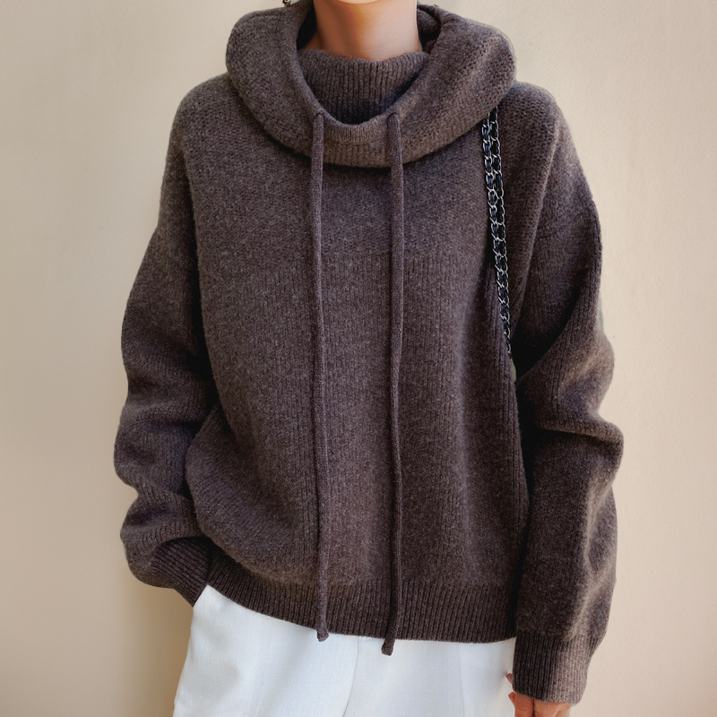 Damenpullover aus brauner Wolle mit Kapuze und Kordelzug, modisch, warm, bequem.