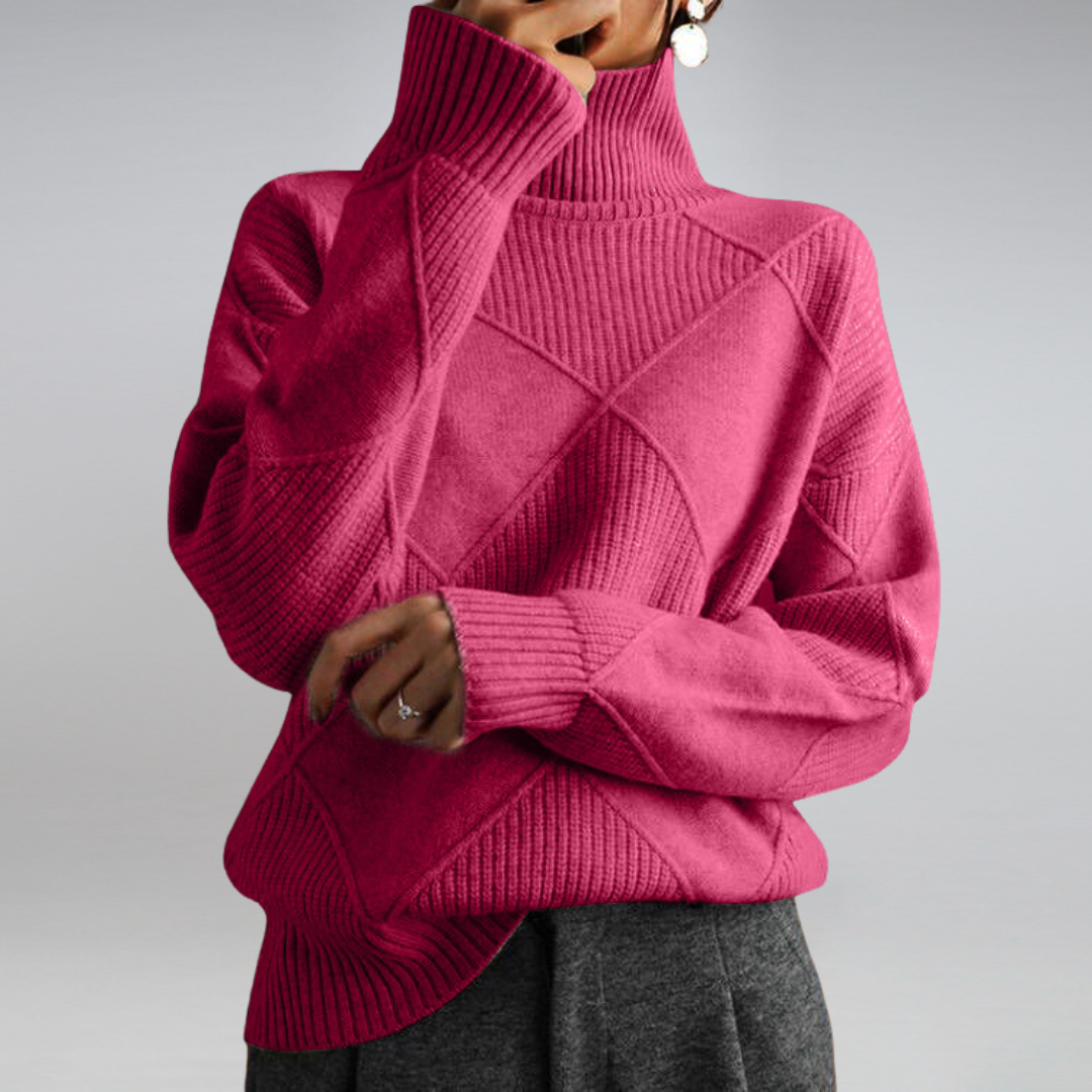 Damen-Pullover, pink, Rollkragen, Strickmuster, Wintermode, gemütlich, elegant, warm.