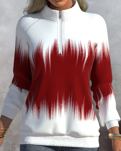 Damenpullover mit Reißverschluss, rot-weiß, Strick, modisch, Herbstmode, bequem.