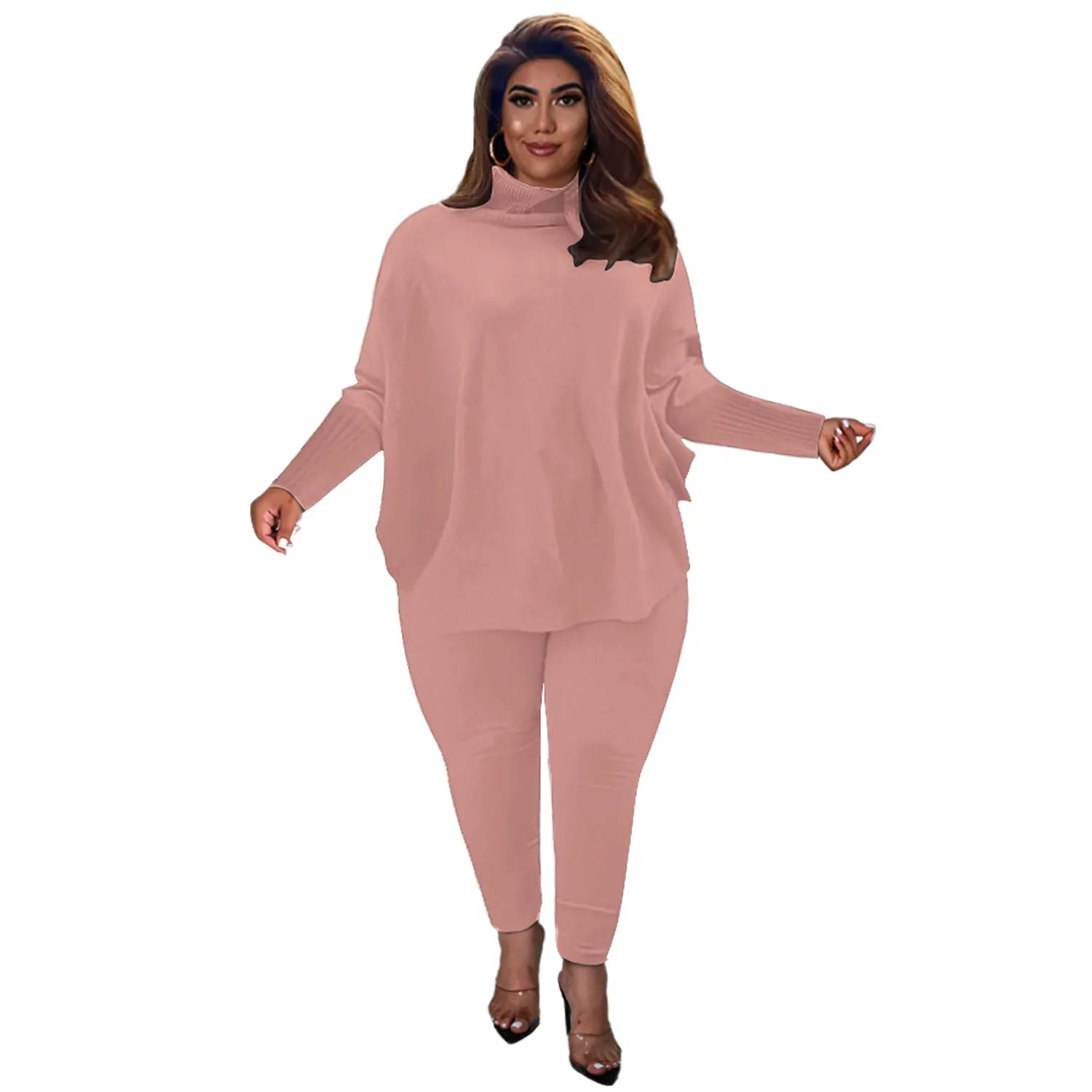 Damen Pullover Set, rosa, Strick, Langarm, Plus Size, modisch, bequem, Herbstmode.