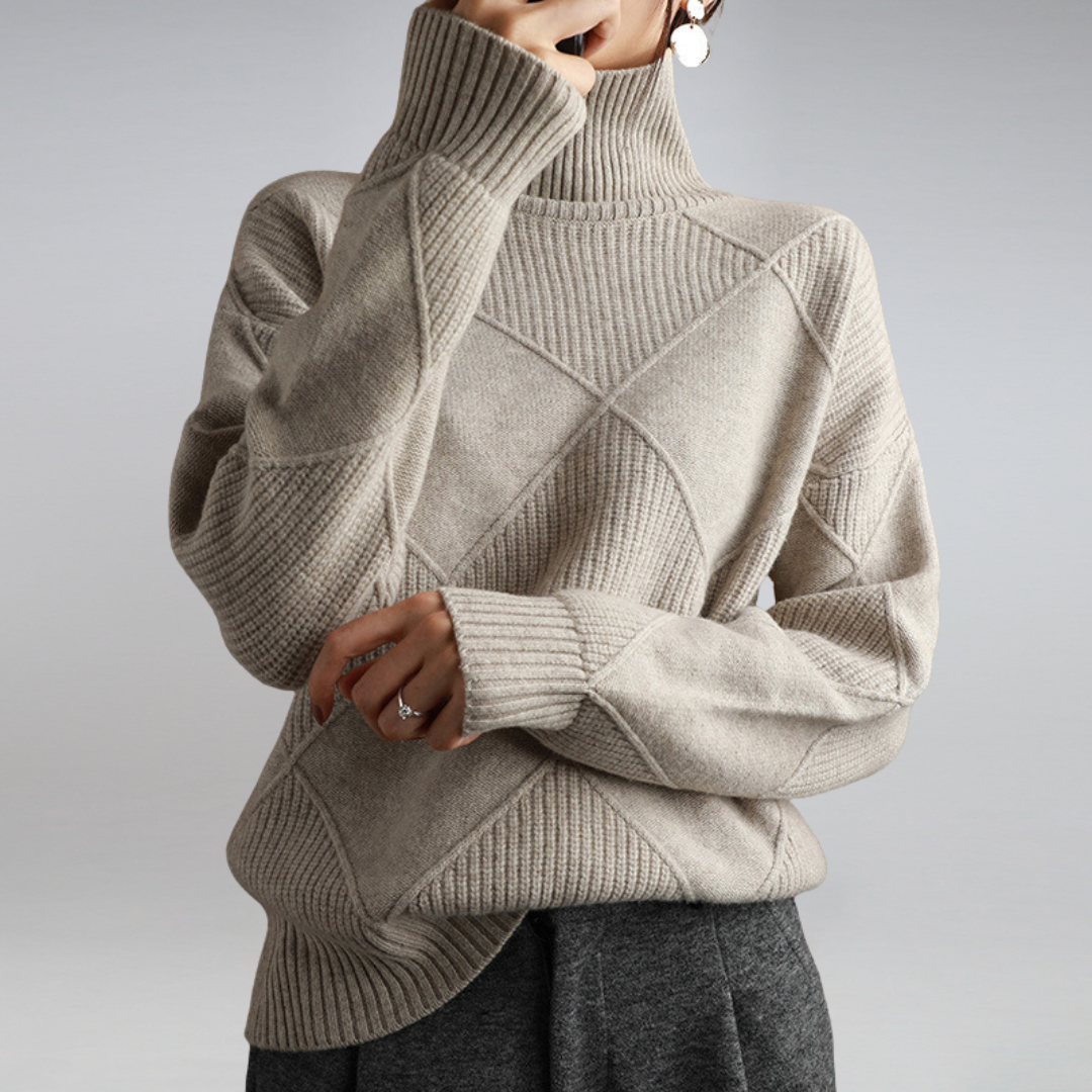 Damen Rollkragenpullover beige, Strickmuster, Wintermode, warm, elegant, gemütlich.