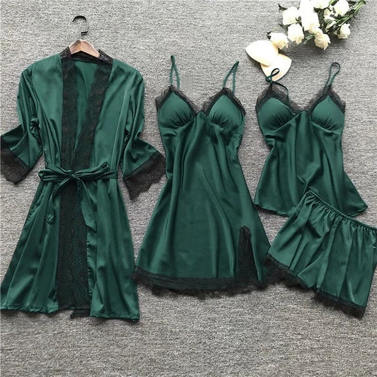Grünes Damen-Pyjama-Set aus Satin mit Spitze, 4-teilig, Nachtwäsche, elegant und sexy.
