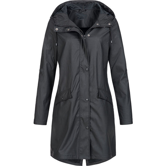 Damen Regenmantel schwarz, wasserdicht, Kapuze, Outdoor-Bekleidung, modisch, funktional.