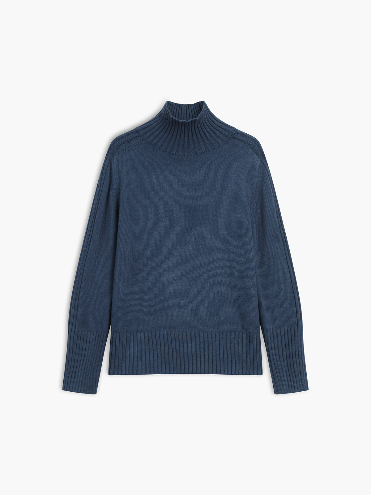Dunkelblauer Rollkragenpullover aus Wolle, langärmelig, für Damen, elegantes Design.