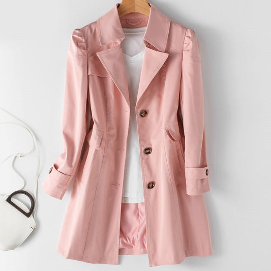 Rosa Damen-Trenchcoat aus Baumwolle, klassisch, mit Knöpfen, elegant, modisch, hängend.