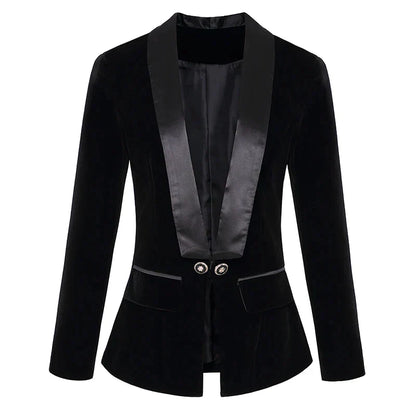 Schwarzer Damen-Samtblazer, lange Ärmel, Designer, 2024, eleganter Look, modische Jacke.