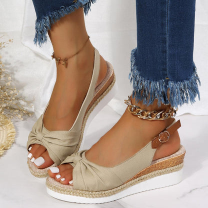 Beige Damen-Sandalen mit Keilabsatz, bequem, Sommerschuhe, Leinen, modisch, Freizeit.