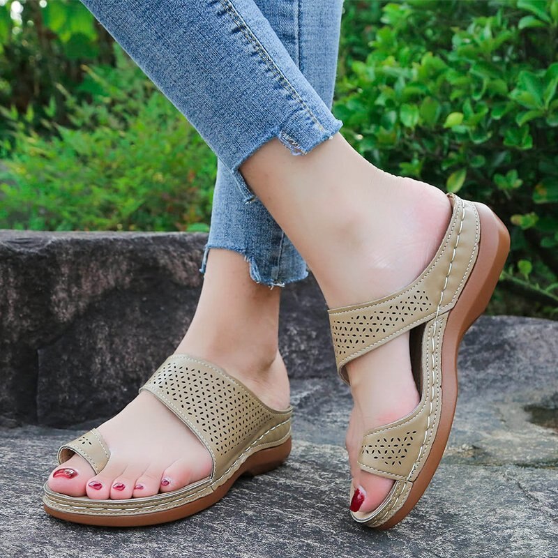 Beige Damen-Sandalen, Leder, bequem, Sommerschuhe, rutschfest, Freizeit, Outdoor, modisch.