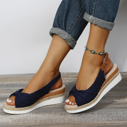 Damen Sandalen, dunkelblau, Keilabsatz, Sommermode, bequem, Jeans, Fußkettchen, Holzoptik.