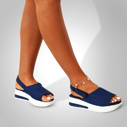 Damen Sandalen Blau, Keilabsatz, Sommermode, bequem, rutschfest, Freizeit, elegant, modern.