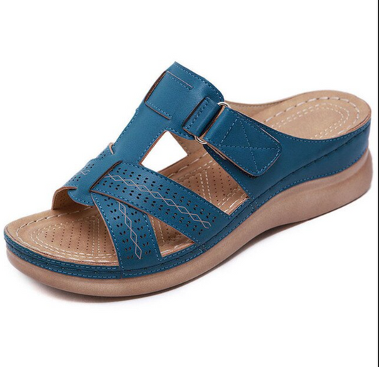 Blaue Damen-Sandale mit Keilabsatz, Leder, Sommerschuh, bequem, modisch, rutschfest.