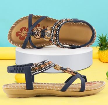 Damen Sandalen blau, Sommer, Perlenverzierung, rutschfeste Sohle, bequem, modisch.