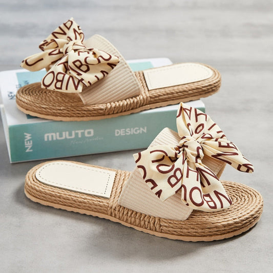 Beige Sandalen mit Schleife, Rattan-Sohle, Damenmode, Sommerschuhe, stilvoll, bequem