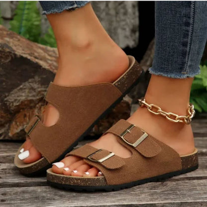 Braune Damen-Sandalen mit Schnallen, Korksohle, lässig, bequem, modisch, Outdoor-Schuhe.