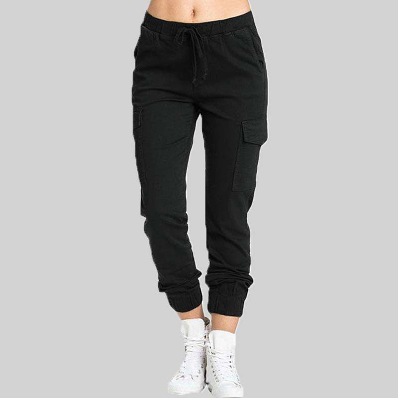 Schwarze Damen-Cargohose, elastischer Bund, Seitentaschen, Freizeithose, Baumwolle.