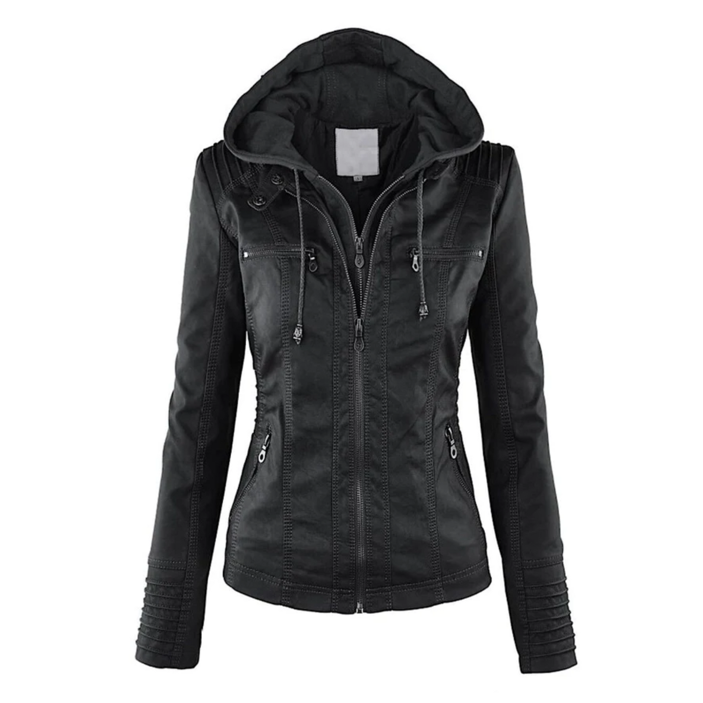 Damen Lederjacke schwarz mit Kapuze, Reißverschlüsse, modisch, Herbstbekleidung, elegant.