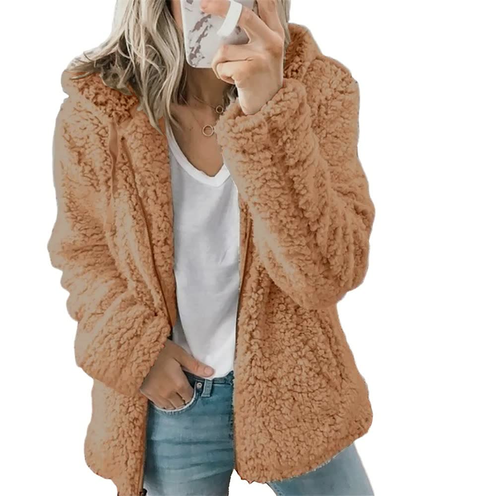 Damen Teddyjacke beige, flauschig, Kapuze, lässig, Wintermode, warm, modisch, bequem.