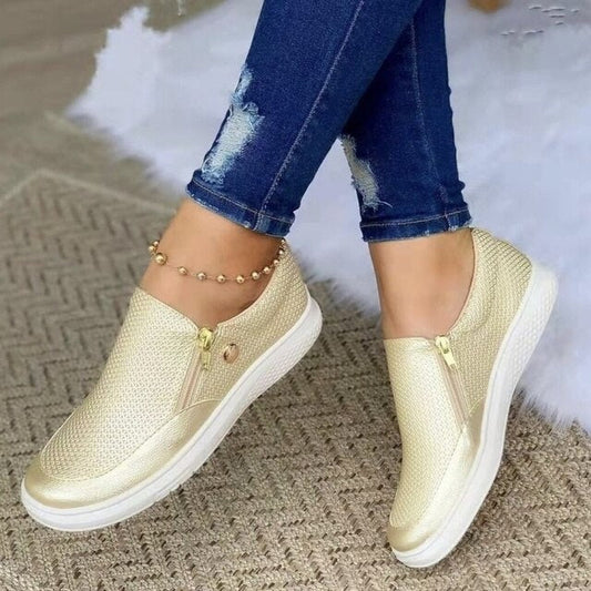 Goldene Damen-Sneaker, atmungsaktiv, Slip-On, Frühling/Sommer, lässig, flach, Vulkanisieren.