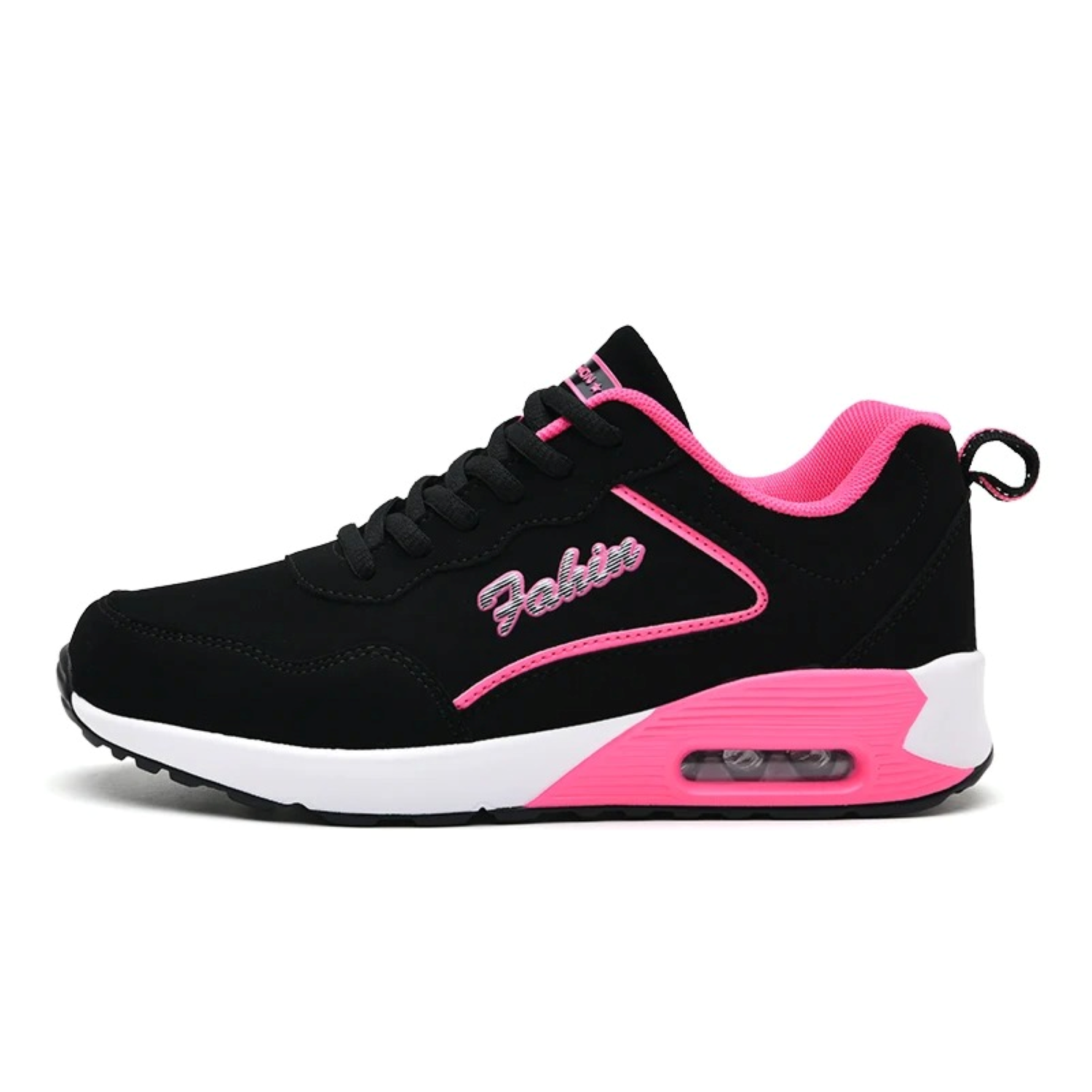 Schwarzer Damen-Sneaker mit pinken Akzenten, leicht, wasserdicht, sportlich.