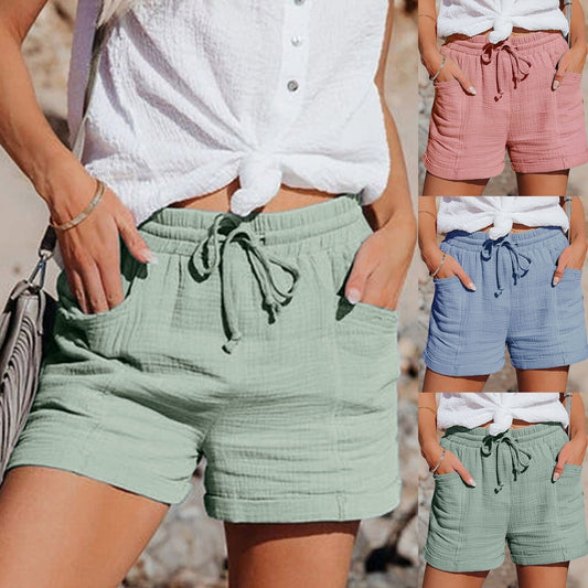 Damen Sommer-Shorts aus Baumwolle in Grün, Rosa, Blau, mit Kordelzug und Taschen.
