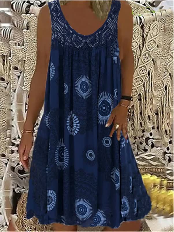 Damen Sommerkleid blau mit Mandala-Muster, ärmellos, lässig, Baumwolle, Boho-Stil.