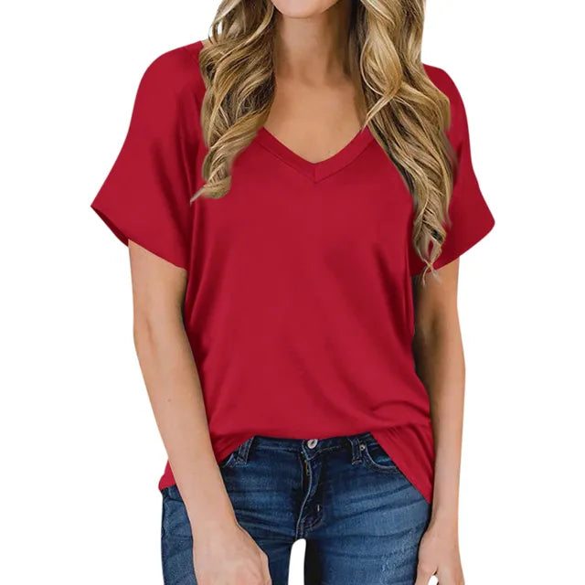 Rotes Damen V-Ausschnitt T-Shirt, kurzärmelig, lässig, Sommermode, Baumwolle.