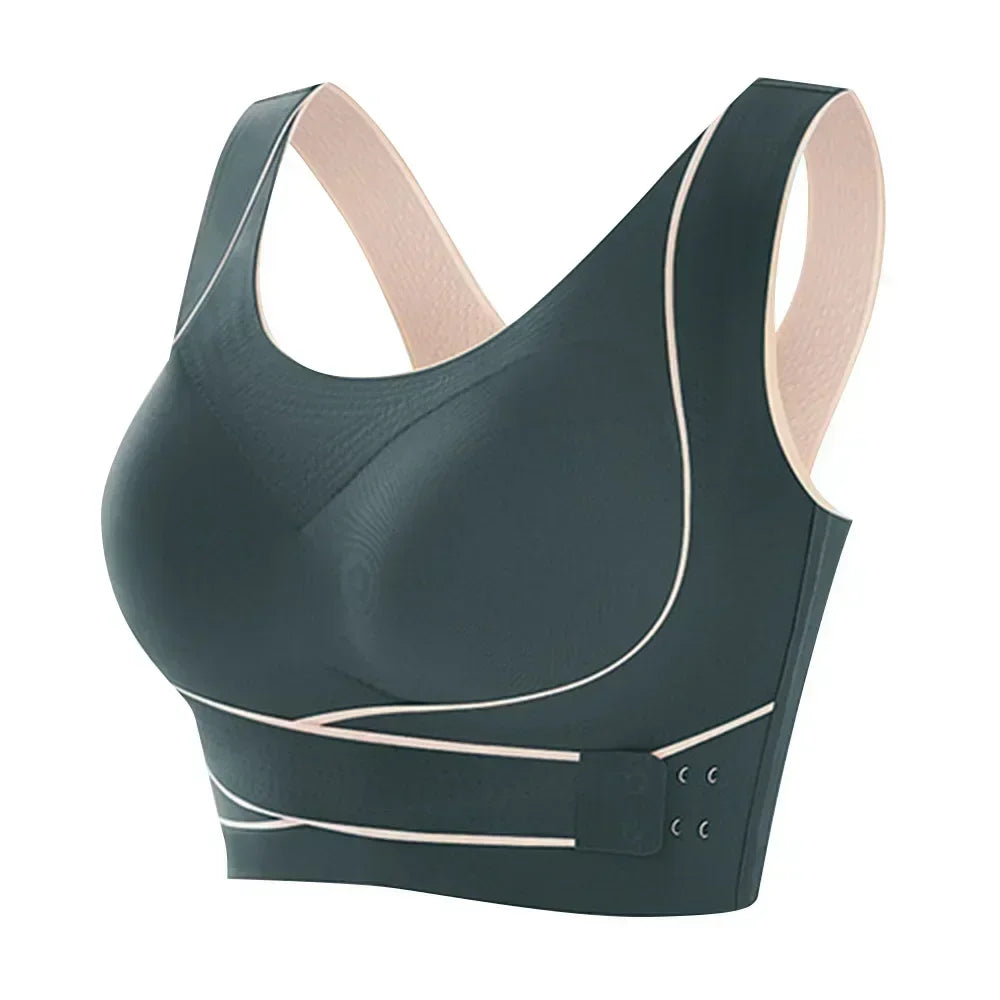 Dunkelgrüner Sport-BH, nahtlos, verstellbar, atmungsaktiv, Damen-Fitnessbekleidung.