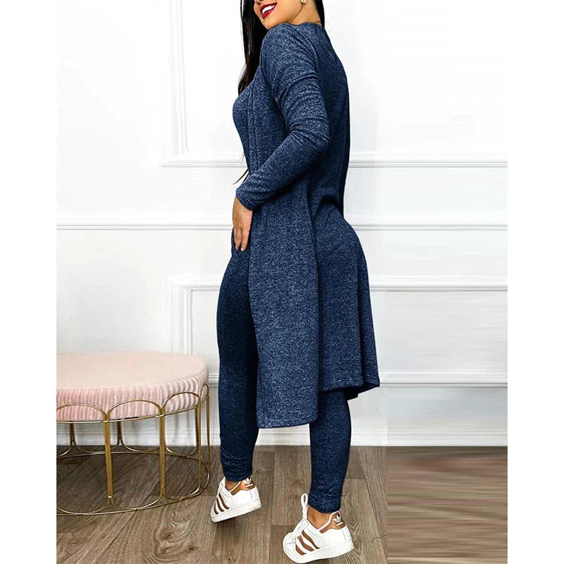 Damen-Set, dunkelblau, langes Oberteil, Leggings, Freizeitmode, bequem, modern.