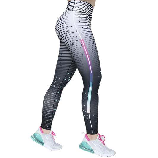 Damen Sportleggings schwarz-weiß, geometrisches Muster, atmungsaktiv, Fitnessmode.