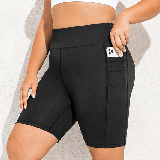 Schwarze Damen-Radlerhose mit Seitentasche, Handy, Sportbekleidung, Plus-Size.