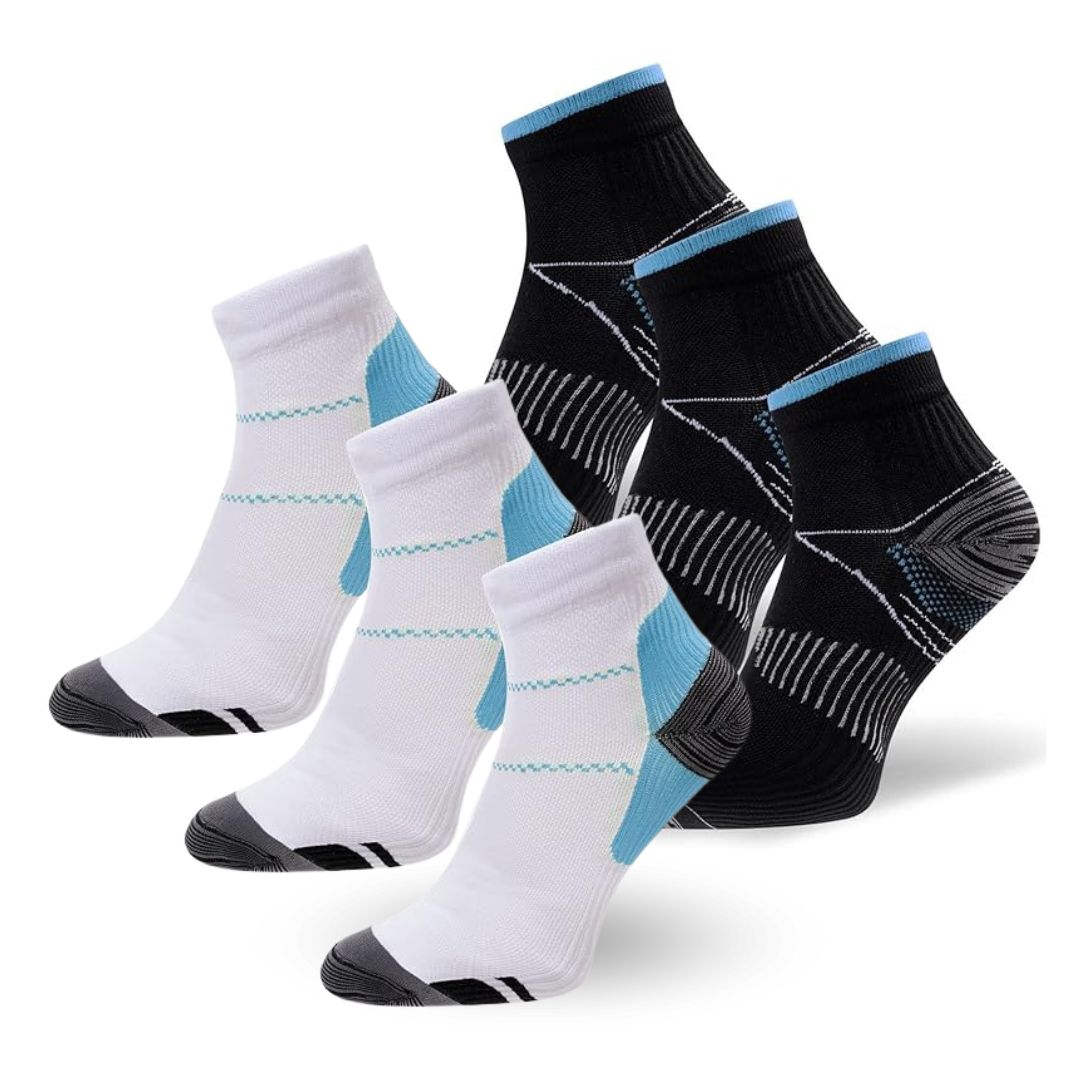 6er-Pack Sportsocken, schwarz und weiß, atmungsaktiv, Kompressionsdesign, Unisex