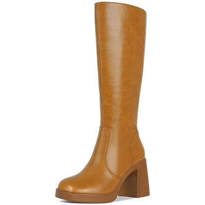 Damenstiefel aus braunem Leder mit Blockabsatz, knielang, modisch, Herbst-Winter-Schuh.