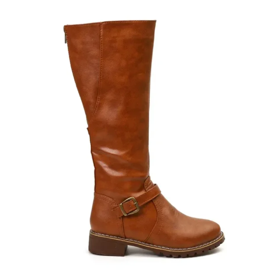 Brauner Damenstiefel aus Leder mit Schnalle, kniehoch, rutschfeste Sohle, modisch.