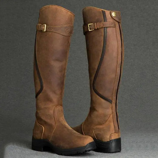 Braune Damenstiefel aus PU-Leder, Reißverschluss, Retro-Design, niedriger Absatz, modisch.