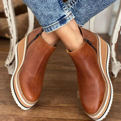 Damen Stiefeletten braun Leder, Reißverschluss, Plateau, modisch, bequem, Herbstmode.