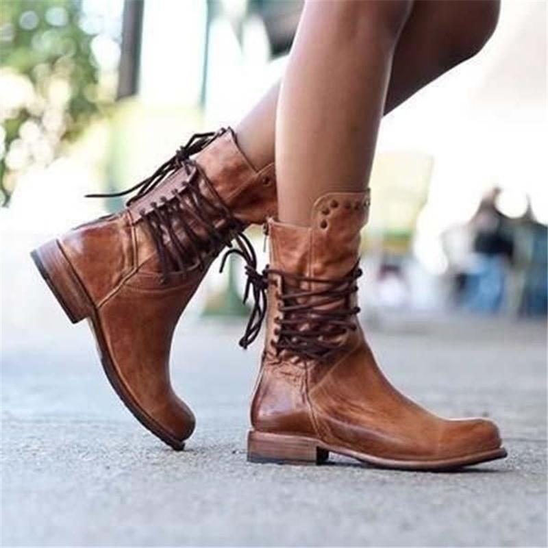 Damenstiefel aus braunem Leder mit Schnürung, modisch, robust, ideal für Herbstmode.