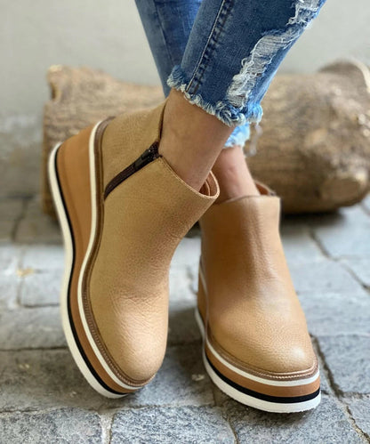 Damen Stiefeletten beige Leder, Plateau, Reißverschluss, modisch, bequem, Herbstmode.